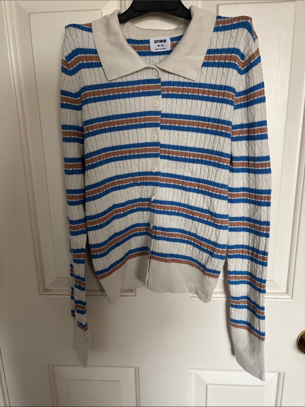 Cotton On Cream Polo Cardigan with Blue & Brown Stripes